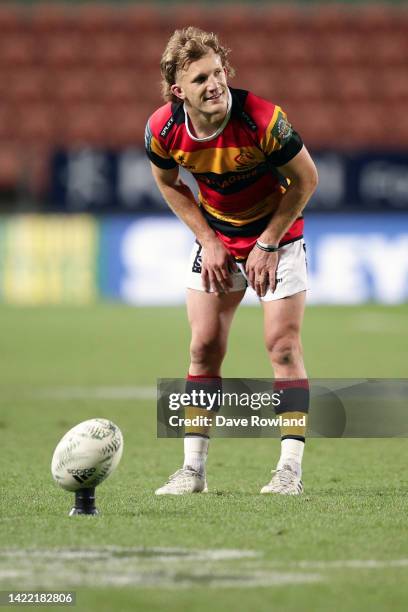 Damian McKenzie of Waikato lines up a kick a goal during the round six Bunnings NPC match between Waikato and Auckland at FMG Stadium, on September...