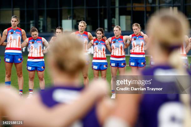 Western Bulldogs players line up before the round three AFLW match between the Western Bulldogs and the Fremantle Dockers at Ikon Park on September...