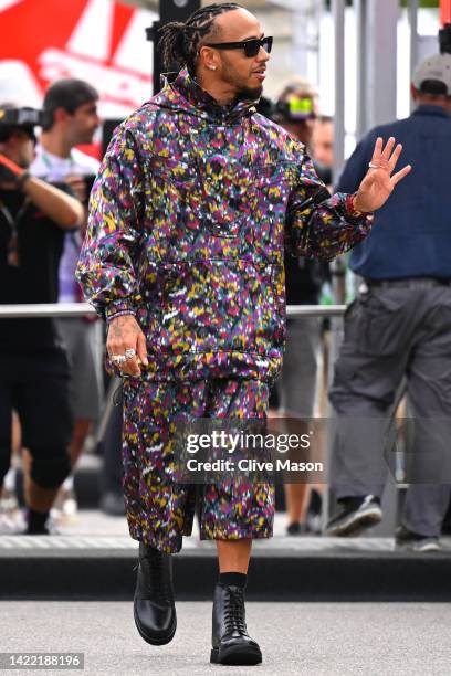 Lewis Hamilton of Great Britain and Mercedes walks in the Paddock prior to practice ahead of the F1 Grand Prix of Italy at Autodromo Nazionale Monza...