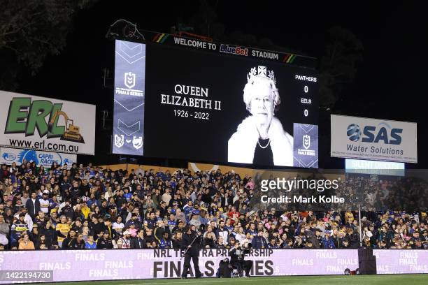 Photo of Her Majesty Queen Elizabeth II is seen on the big screen ahead of the NRL Qualifying Final match between the Penrith Panthers and the...