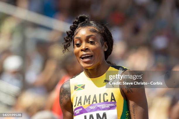 Elaine Thompson-Herah of Jamaica reacts after finishing the women's 4x100m relay final during Athletics Track & Field on day ten of the Birmingham...