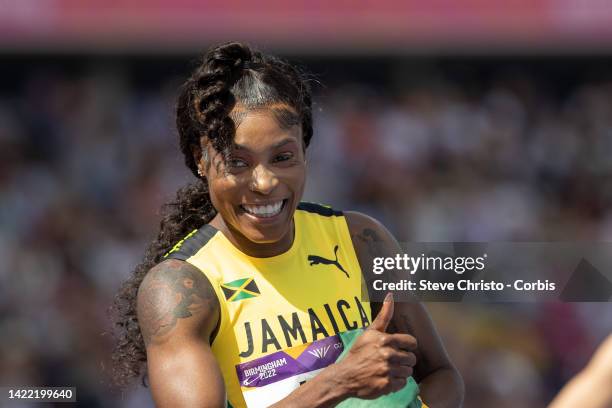 Elaine Thompson-Herah finishes in during Athletics Track & Field on day ten of the Birmingham 2022 Commonwealth Games at Alexander Stadium on August...