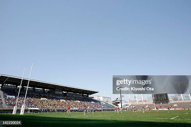 General view of the Bowl Quarter Final match between Portugal and Japan during day two of the Tokyo Sevens at Prince Chichibu Stadium on April 1,...