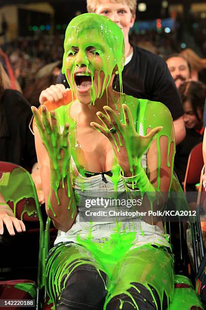 Actress Halle Berry gets slimed at Nickelodeon's 25th Annual Kids' Choice Awards held at Galen Center on March 31, 2012 in Los Angeles, California.