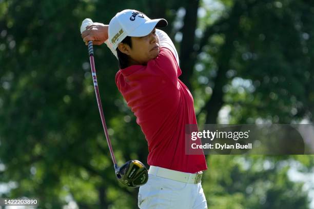 Haru Nomura of Japan plays her shot from the 13th tee during the first round of the Kroger Queen City Championship presented by P&G at Kenwood...