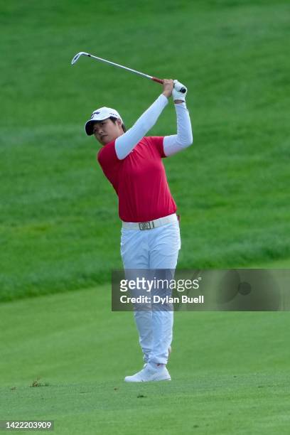 Haru Nomura of Japan plays her shot on the 12th hole during the first round of the Kroger Queen City Championship presented by P&G at Kenwood Country...