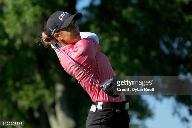Azahara Munoz of Spain plays her shot from the 13th tee during the first round of the Kroger Queen City Championship presented by P&G at Kenwood...