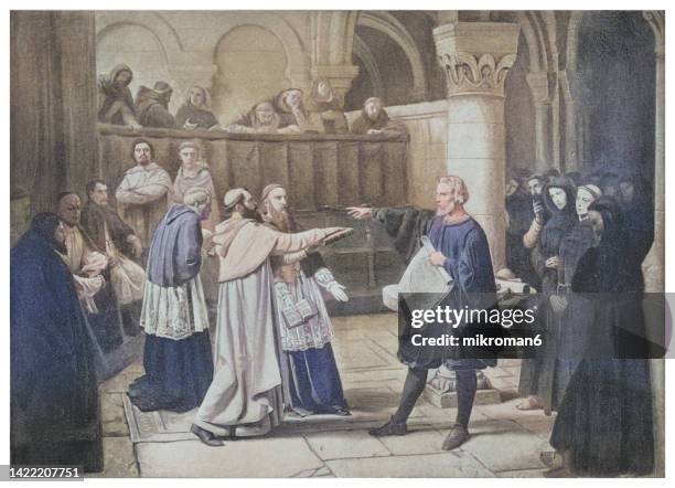 old engraved illustration of galileo galilei (1564 - 1642) before the inquisition - inquisition espagnole photos et images de collection