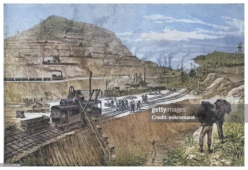 Old engraved illustration of cutting the Panama Canal or Canal at Panama