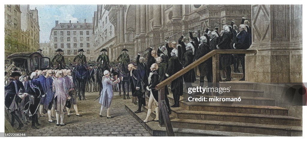Old engraved illustration of the Reception of Louis XVI at the Hotel de Ville by the Parisian Municipality in 1789