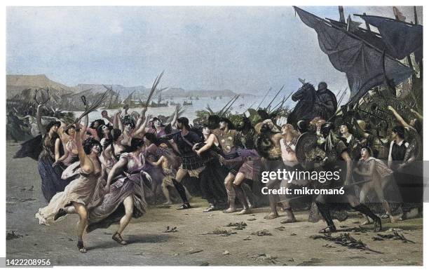 old engraved illustration of victors of the battle of salamis celebrating - antica grecia foto e immagini stock