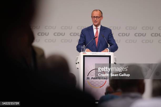 Friedrich Merz, leader of the German Christian Democrats , gives opening rema on the first day of a two-day CDU federal party congress on September...