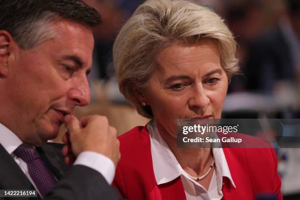 European Commission President Ursula von der Leyen and European Parliament member David McAllister attend the first of a two-day federal party...