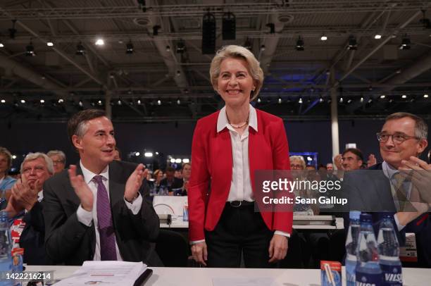 European Commission President Ursula von der Leyen and European Parliament member David McAllister attend the first of a two-day federal party...