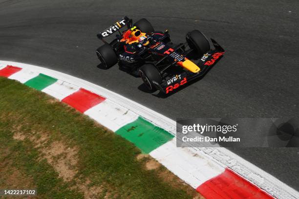 Sergio Perez of Mexico driving the Oracle Red Bull Racing RB18 on track during practice ahead of the F1 Grand Prix of Italy at Autodromo Nazionale...