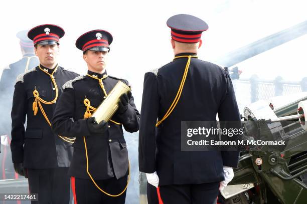 Members of the Honourable Artillery Company fire a 96-gun salute at 1pm in tribute to the late Queen Elizabeth II at Tower Bridge on September 09,...