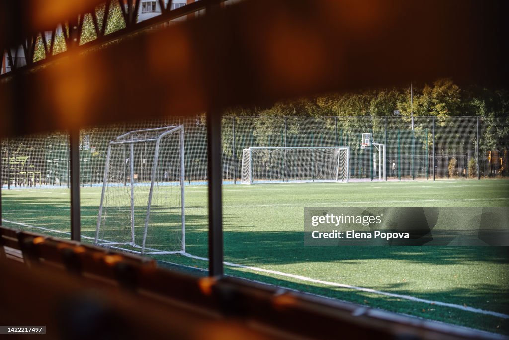 Empty Multi-Goal Soccer Field Area On Sunny Summer Day