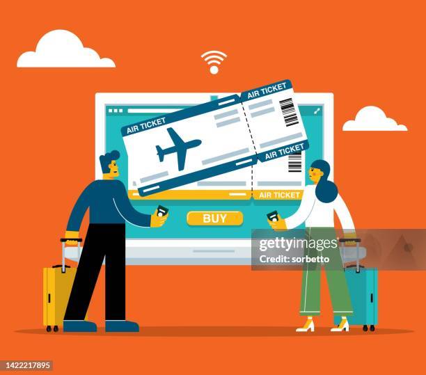 travelling tickets - using laptop - man checking into hotel stock illustrations