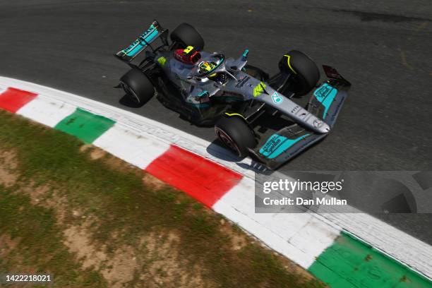 Lewis Hamilton of Great Britain driving the Mercedes AMG Petronas F1 Team W13 on track during practice ahead of the F1 Grand Prix of Italy at...