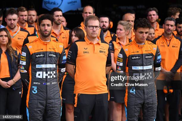 Daniel Ricciardo of Australia and McLaren, McLaren Team Principal Andreas Seidl and Lando Norris of Great Britain and McLaren are pictured as Formula...