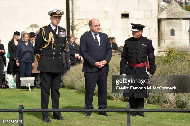 Ben Wallace, UK Defence Secretary watches as members of the Honourable Artillery Company fire a 96-gun salute at 1pm in tribute to the late Queen...