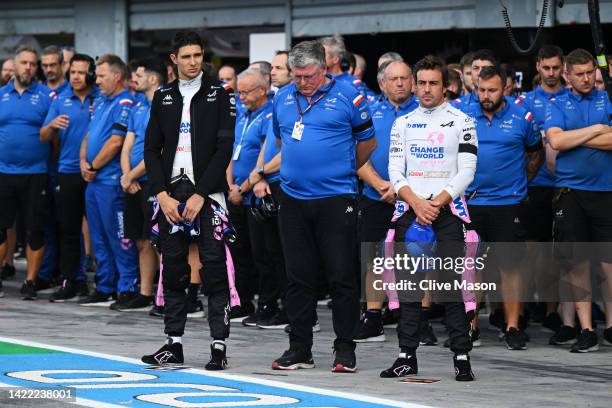 Esteban Ocon of France and Alpine F1, Otmar Szafnauer, Team Principal of Alpine F1 and Fernando Alonso of Spain and Alpine F1 are pictured as Formula...