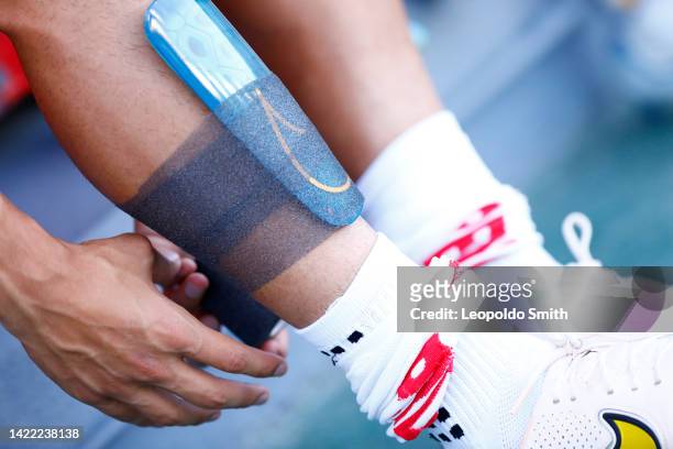 Detail of Daniel Parra of Necaxa putting on his shin guards prior the 12th round match between Necaxa and Leon as part of the Torneo Apertura 2022...