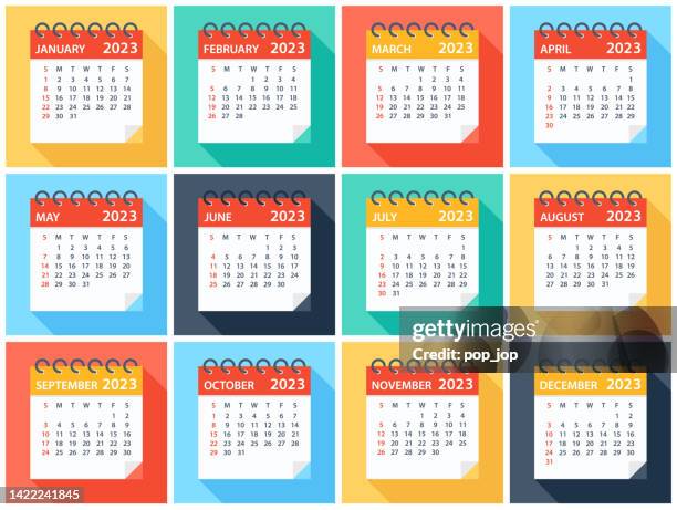 bildbanksillustrationer, clip art samt tecknat material och ikoner med calendar 2023 - flat modern colorful. week starts on sunday - månad