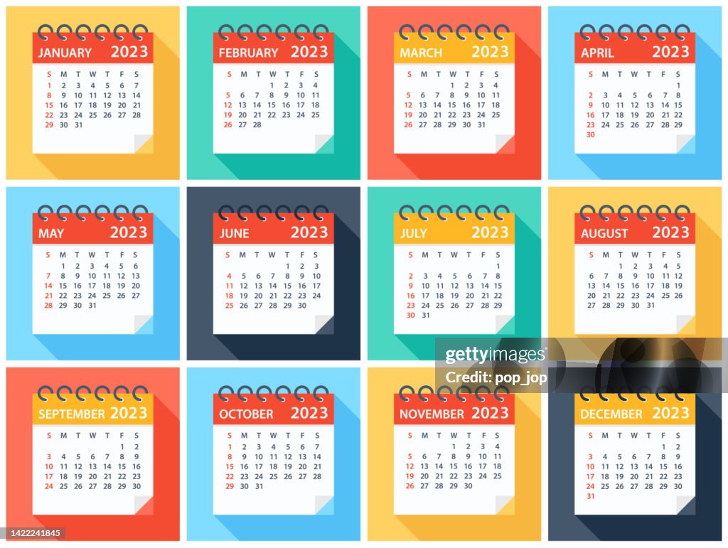 Calendar 2023 - Flat Modern Colorful. Week starts on Sunday