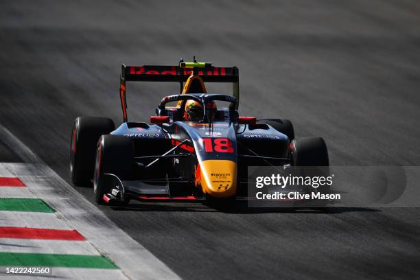 Isack Hadjar of France and Hitech Grand Prix drives on track during qualifying ahead of Round 9:Monza of the Formula 3 Championship at Autodromo...