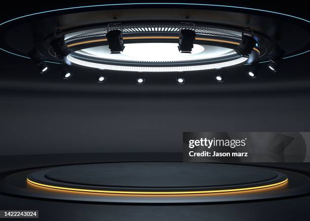 circular metal technology exhibition platform - lectern stock pictures, royalty-free photos & images