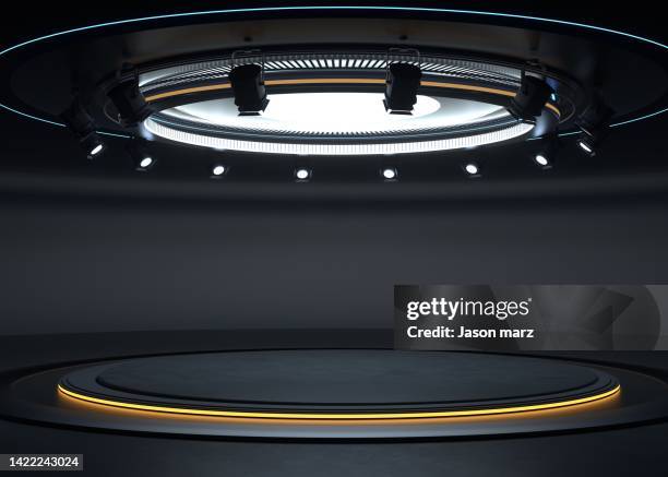 circular metal technology exhibition platform - virtual ceremony stock pictures, royalty-free photos & images