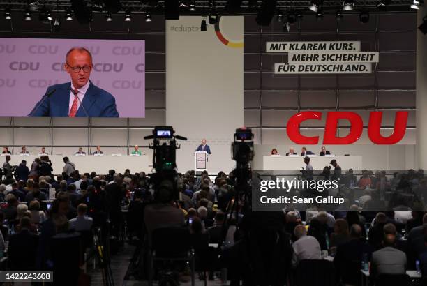 Friedrich Merz, leader of the German Christian Democrats , speaks on the first day of a two-day CDU federal party congress on September 09, 2022 in...