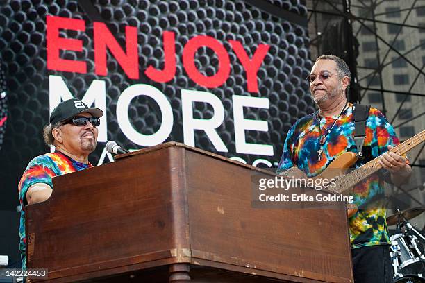 Art Neville and George Porter, Jr. Of Funky Meters perform during the NCAA 2012 Final Four Big Dance concert series at Woldenberg Park on March 31,...