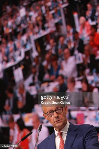 Friedrich Merz, leader of the German Christian Democrats , speaks on the first day of a two-day CDU federal party congress on September 09, 2022 in...