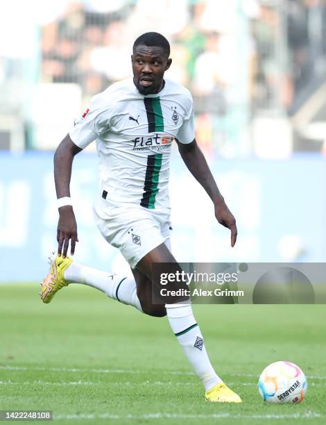 Marcus Thuram of Moenchengladbach controls the ball during the Bundesliga match between Borussia Mönchengladbach and 1. FSV Mainz 05 at Borussia-Park...