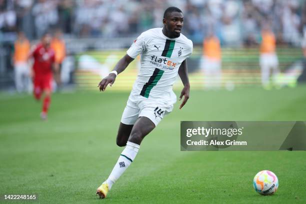 Marcus Thuram of Moenchengladbach controls the ball during the Bundesliga match between Borussia Mönchengladbach and 1. FSV Mainz 05 at Borussia-Park...