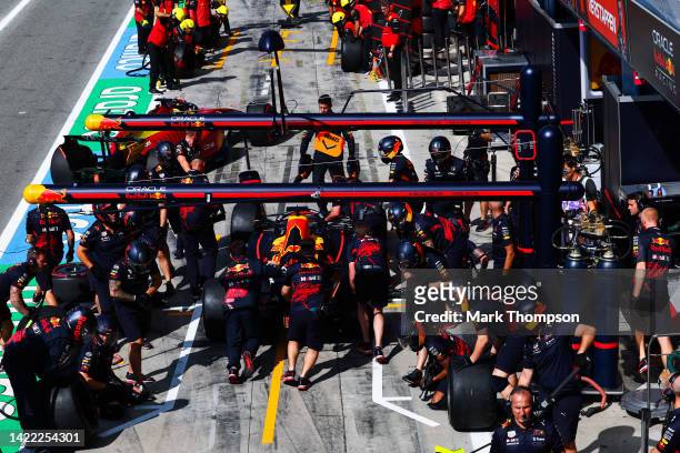 Max Verstappen of the Netherlands driving the Oracle Red Bull Racing RB18 stops in the Pitlane during practice ahead of the F1 Grand Prix of Italy at...