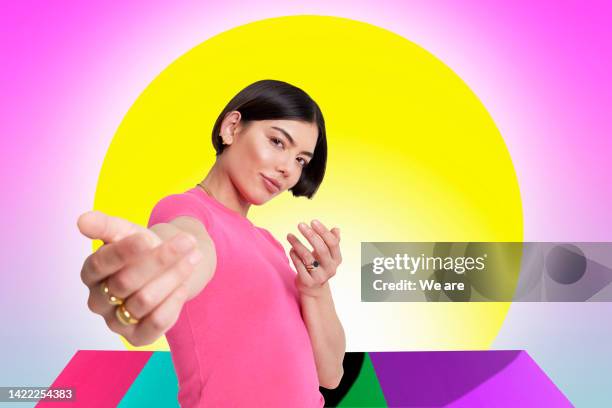 woman beckoning viewer into the metaverse - frestelse bildbanksfoton och bilder