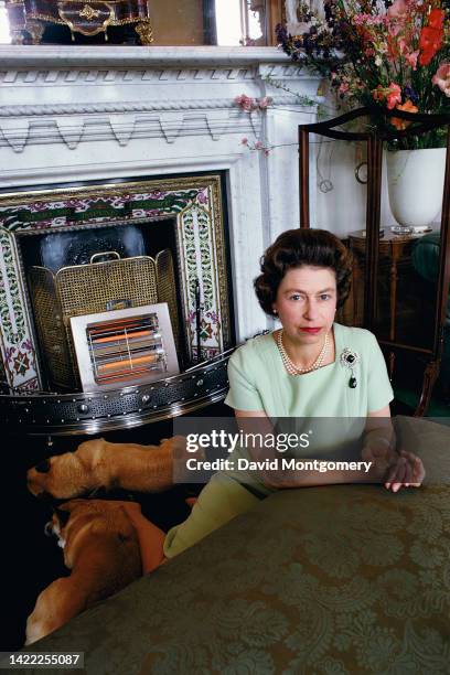 Queen Elizabeth II sitting by a fireplace in a living room at Balmoral Castle in Aberdeenshire, Scotland, 1967. Beside her are two corgis.