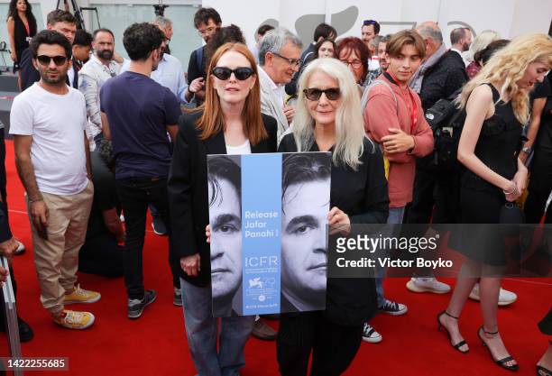 Jury President Julianne Moore and Sally Potter join activists from the ICFR to call for the release of Jafar Panahi, the Iranian director of 'No...
