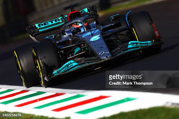 George Russell of Great Britain driving the Mercedes AMG Petronas F1 Team W13 on track during practice ahead of the F1 Grand Prix of Italy at...