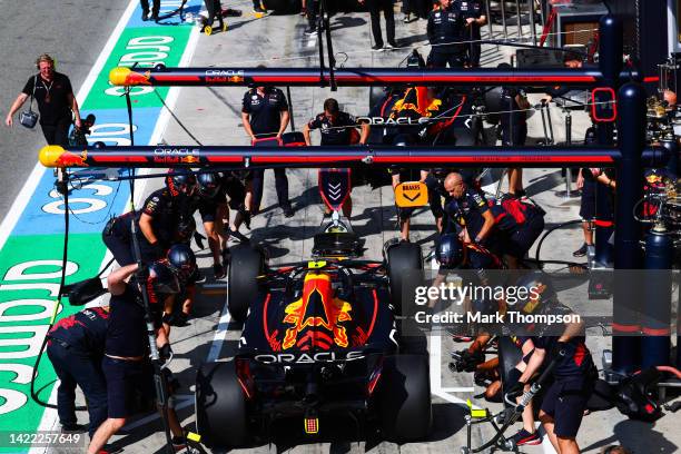 Sergio Perez of Mexico driving the Oracle Red Bull Racing RB18 stops in the Pitlane during practice ahead of the F1 Grand Prix of Italy at Autodromo...