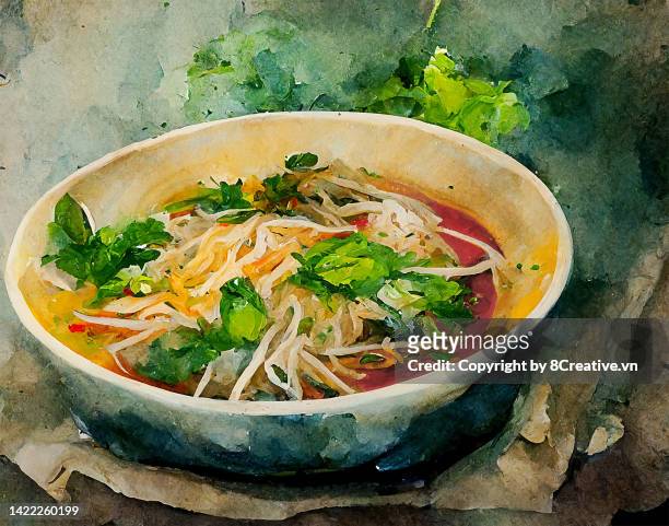 watercolor of northern vietnamese beef pho - pho soup stock-fotos und bilder