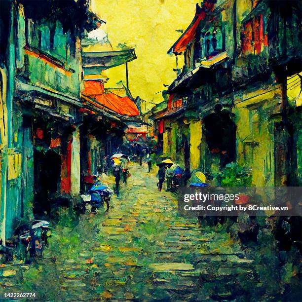 illustration of hanoi old quarter with vincent van gogh style. - vincent van gogh stockfoto's en -beelden