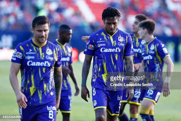 Abel Hernandez of Atletico San Luis leaves the field after the first half during the 12th round match between Atletico San Luis and Tijuana as part...