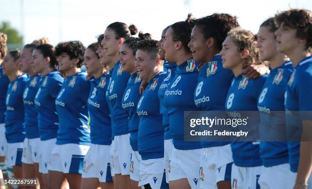 Italy players line up for the anthems during the Summer Nations Series Test Match 2022 between Italy Women and France Women at Stadio del Rugby on...