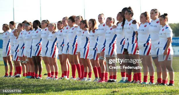 France players line up for the anthems during the Summer Nations Series Test Match 2022 between Italy Women and France Women at Stadio del Rugby on...