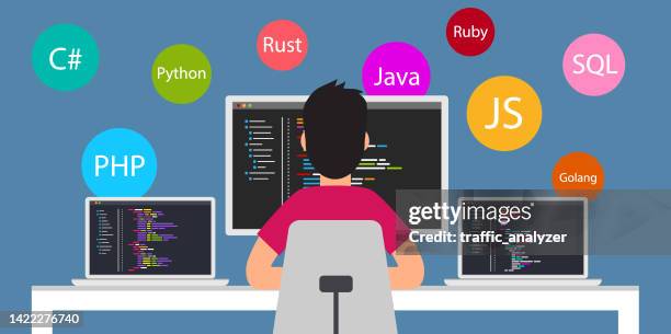 ilustraciones, imágenes clip art, dibujos animados e iconos de stock de desarrollador de software - diseño plano - backend developer