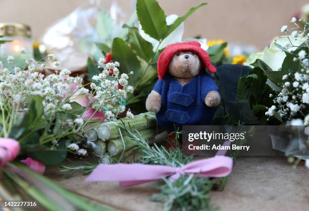 Paddington Bear stuffed toy is seen amidst flowers and notes left in tribute to Queen Elizabeth II the day after her death, at a makeshift memorial...